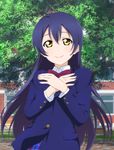  bangs blazer blue_hair bow bowtie crossed_arms hands_on_own_chest highres jacket kuusuke_(yo_suke39) long_hair long_sleeves looking_at_viewer love_live! love_live!_school_idol_project otonokizaka_school_uniform school_uniform smile solo sonoda_umi striped striped_bow striped_neckwear tree upper_body yellow_eyes 