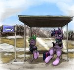  2017 book bus_stop clothing dragon equine female friendship_is_magic hoodie horn male mammal my_little_pony otakuap scarf sitting snow spike_(mlp) twilight_sparkle_(mlp) unicorn 