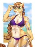  bikini breasts brown_fur brown_hair clothing eyewear feline female fur green_eyes hair lion looking_at_viewer mammal pink_nose rd406 smile solo sunglasses swimsuit tan_fur 