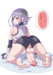  1girl all_fours ass bar_censor bare_shoulders censored combat_s-ko detached_sleeves eyepatch feet from_behind full-package_futanari futanari hair_ornament huge_penis looking_back open_mouth original penis precum purple_hair pussy red_eyes simple_background solo testicles translation_request 