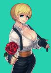  absurdres aqua_background blue_eyes breasts cleavage collarbone fengmo fingerless_gloves flower gloves highres king_(snk) large_breasts looking_at_viewer red_flower red_rose rose ryuuko_no_ken short_hair smile solo the_king_of_fighters 