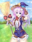  blurry blush book breasts broom cleavage cowboy_shot day depth_of_field dress four_goddesses_online:_cyber_dimension_neptune gloves hair_ornament hat highres kazuneko_(wktk1024) long_hair looking_at_viewer medium_breasts nature nepgear neptune_(series) open_mouth outdoors pink_hair purple_eyes purple_hair ribbon sky smile solo twitter_username witch witch_hat 