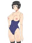  black_hair black_legwear blue_eyes breasts cleavage covered_navel hand_on_hip highres kagemusha large_breasts looking_at_viewer nipples one-piece_swimsuit original school_swimsuit short_hair simple_background smile solo swimsuit thighhighs white_background 