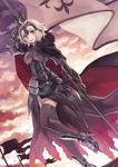  ahoge armor armored_boots armored_dress bangs black_legwear boots cape commentary_request dutch_angle fate/grand_order fate_(series) flag fur gauntlets headpiece jeanne_d'arc_(alter)_(fate) jeanne_d'arc_(fate)_(all) looking_at_viewer miyakure parted_lips revision short_hair smile solo thighhighs white_hair yellow_eyes 