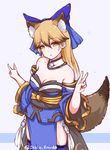  :o animal_ears artist_name bare_shoulders blonde_hair blush bow breasts cleavage cosplay detached_collar detached_sleeves disco_brando extra_ears ezo_red_fox_(kemono_friends) fate/extra fate_(series) fox_ears fox_shadow_puppet fox_tail hair_between_eyes hair_bow highres japanese_clothes kemono_friends long_hair looking_at_viewer medium_breasts multicolored_hair open_mouth simple_background sketch solo tail tamamo_(fate)_(all) tamamo_no_mae_(fate) tamamo_no_mae_(fate)_(cosplay) thighhighs twitter_username v yellow_eyes 