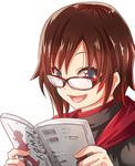  1girl book cape glasses gradient_hair multicolored_hair red_cape ruby_rose rwby short_hair silver_eyes solo two-tone_hair 