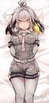  arms_behind_back artist_name bangs belt black_hair blonde_hair bodystocking breast_pocket breasts closed_mouth collared_shirt cowboy_shot eto_(nistavilo2) expressionless eyebrows_visible_through_hair green_eyes grey_shirt grey_shorts highres kemono_friends lips long_hair looking_at_viewer low_ponytail lying medium_breasts multicolored_hair necktie pillow pocket shiny shiny_hair shirt shoebill_(kemono_friends) short_shorts short_sleeves shorts side_ponytail silver_hair solo staring thigh_gap wing_collar 