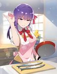  apron artist_name commentary fate/stay_night fate_(series) fish frying_pan hair_ribbon homurahara_academy_uniform long_hair matou_sakura meme parody purple_eyes purple_hair redrop ribbon salt salt_bae_(meme) school_uniform serious signature solo 