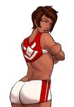  ass breasts brown_eyes brown_hair candela_(pokemon) dark_skin from_behind highres jersey large_breasts naavs pokemon pokemon_go shirt_lift short_hair short_shorts shorts sideboob sketch solo undressing white_background 