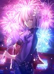  alternate_costume backlighting blush bridge closed_mouth commentary_request cowboy_shot fan fate/grand_order fate_(series) fireworks floral_print flower from_side hair_flower hair_ornament hair_over_one_eye japanese_clothes kimono lavender_eyes lavender_hair looking_at_viewer looking_to_the_side mash_kyrielight night obi official_style paper_fan revision sash shinooji short_hair smile solo uchiwa wide_sleeves yukata 
