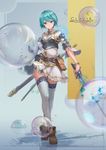  absurdres aqua_hair artist_name bad_revision belt blue_eyes boots bracelet brown_footwear bubble character_name clacia full_body gauntlets highres holding holding_sword holding_weapon jewelry looking_at_viewer md5_mismatch original pouch sheath sketch solo standing sword thighhighs weapon white_legwear yuho_(goodtest) 
