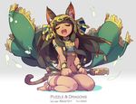  :d animal_ears anklet armlet barefoot bastet_(p&amp;d) black_hair cat_ears cat_tail closed_eyes dark_skin eighth_note eyelashes fang floating_hair highres jewelry long_hair midriff music musical_note navel open_mouth puzzle_&amp;_dragons quarter_note revision seiza singing sistrum sitting smile solo strapless tail tennohi thigh_strap tubetop wind wind_lift 