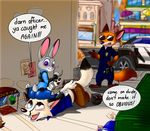  2017 anthro blush butt canine clothed clothing cream.pup dialogue disney dog duo english_text female fox fur judy_hopps lagomorph looking_back male mammal nick_wilde open_mouth pawpads paws rabbit rear_view smile standing teeth text toes tongue zootopia 