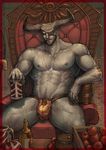  1boy abs apple bara bottle bulge crotch dragon_age eyepatch fruit horns iron_bull looking_at_viewer male_focus muscle pecs rumzrumz scar sitting smile solo table throne topless underwear 