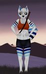  2017 aira an_ancient anthro bra canine clothing dog female fur hair katana lake looking_at_viewer mammal melee_weapon simple_background smile solo sports_bra standing star sunset sword underwear weapon yellow_eyes 