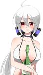  ahoge between_breasts bottle breasts choker cleavage hair_ribbon large_breasts long_hair looking_at_viewer me_ro ponytail red_eyes ribbon silver_hair solo swimsuit vocaloid voyakiloid yowane_haku 