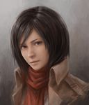  black_hair blue_eyes face jacket jason_peng lips looking_at_viewer mikasa_ackerman nose parted_lips portrait realistic red_scarf revision scarf shingeki_no_kyojin short_hair solo upper_body 
