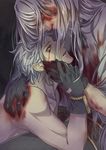  adam_(nier_automata) blood blood_from_mouth blood_on_face bloody_clothes claw_(weapon) commentary commentary_request dying eve_(nier_automata) eyelashes gloves hair_over_face hand_on_another's_face highres holding_hand long_hair looking_at_another male_focus multiple_boys nier_(series) nier_automata omi_(tomatopu-n) partial_commentary red_eyes shirtless short_hair siblings tearing_up weapon white_hair 