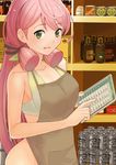  akashi_(kantai_collection) alternate_costume apron bare_arms bare_shoulders beer_can black_ribbon can commentary_request green_eyes hair_ribbon highres kantai_collection long_hair masukuza_j nearly_naked_apron open_mouth pink_hair ribbon smile solo tress_ribbon 