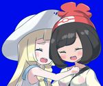  bangs beanie between_breasts black_hair blonde_hair blunt_bangs braid breasts closed_eyes collared_dress dress floral_print hat lillie_(pokemon) long_hair lowres medium_breasts mizuki_(pokemon) mizuumi_(bb) multiple_girls pokemon pokemon_(game) pokemon_sm red_hat short_hair sleeveless sleeveless_dress smile strap_cleavage sun_hat sundress twin_braids white_dress white_hat 