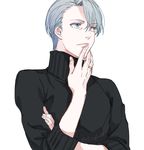  blue_eyes commentary_request finger_to_mouth fuji_(c-b-s) jewelry lips male_focus ring silver_hair solo sweater turtleneck turtleneck_sweater upper_body viktor_nikiforov yuri!!!_on_ice 