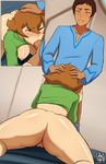  1boy 1girl 2016 ass blurry blush bottomless breasts brown_eyes brown_hair comic depth_of_field eyebrows_visible_through_hair fellatio highres hyakujuu-ou_golion lance_(voltron) medium_breasts naavs nipples one_eye_closed oral pants_down penis pidge_gunderson pussy short_hair signature smile veins voltron:_legendary_defender 