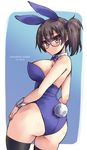  animal_ears artist_name bespectacled blue_leotard breasts brown_eyes brown_hair bunny_ears bunnysuit dated detached_collar glasses highres kaga_(kantai_collection) kantai_collection large_breasts leotard long_hair looking_back shinshin side_ponytail solo tail thighhighs wrist_cuffs 