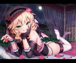 :p ass bare_shoulders bat_wings black_gloves blonde_hair blush chin_rest curtains detached_sleeves flower frills gloves green_eyes hairband hand_on_own_face idolmaster idolmaster_cinderella_girls legs_up looking_at_viewer lying matanonki naughty_face no_shoes on_stomach rose sakurai_momoka short_hair single_glove smile solo thighhighs tongue tongue_out white_legwear wings wristband 