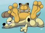  2014 3_toes annoyed canine cat dog duo feline foot_fetish foot_focus fur garfield garfield_(series) looking_at_viewer male male/male mammal nude odie orange_fur simple_background smile toes zp92 