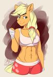  2016 abs anthro anthrofied applejack_(mlp) blonde_hair clothing equine fairdahlia female friendship_is_magic green_eyes hair horse mammal my_little_pony pony shorts solo 