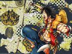  1boy black_hair clenched_hand fish hat highres jumping laboon male male_focus map monkey_d_luffy muscle one_piece open_clothes open_shirt sandals scar ship shirt smile solo straw_hat wallpaper whale 