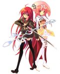  absurdres ahoge akihime_sumomo alastor_(shakugan_no_shana) boots creator_connection highres itou_noiji jewelry legs long_hair multiple_girls nanatsuiro_drops pendant pink_eyes pink_hair red_eyes red_hair school_uniform shakugan_no_shana shana sword thigh_boots thighhighs weapon 