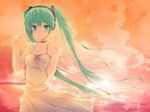  aqua_eyes aqua_hair bare_shoulders choker cross dress green_eyes green_hair hatsune_miku jewelry long_hair looking_at_viewer necklace ribbon sleeveless solo sundress sunset twilight twintails very_long_hair vocaloid wallpaper wind yukinon_(tsuki_koubou) 