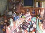  amazon_(company) aqua_eyes aqua_hair bag banana chopsticks computer corded_phone cup detached_sleeves digital_media_player food fruit game_console hatsune_miku headphones headset highres ipod kotatsu laptop legs long_hair making_of mandarin_orange messy_room necktie phone playstation_2 pot shirakaba sitting skirt smile solo table television thighhighs twintails very_long_hair vocaloid xbox_360 zettai_ryouiki 