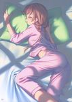  absurdres ass bed brown_hair closed_eyes highres long_hair lying midriff open_mouth original pajamas pantylines pillow scan sleeping solo takoyaki_(roast) twintails window_shade 