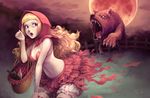  animal basket big_bad_wolf_(grimm) bikini_top blonde_hair bloomers face frills grimm's_fairy_tales highres hood little_red_riding_hood little_red_riding_hood_(grimm) long_hair moon red_eyes red_moon solo toshi_punk underwear wolf you_gonna_get_raped 