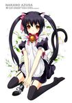  alternate_costume animal_ear_fluff animal_ears apron bad_id bad_pixiv_id bell black_hair blush cat_ears enmaided floral_background flower garter_straps high_heels highres jingle_bell juna k-on! maid nakano_azusa petals ribbon shoes_removed sitting solo tail thighhighs twintails v_arms wariza 