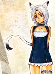  ahoge animal_ears arms_behind_back bad_id bad_pixiv_id blue_eyes cat_ears cat_tail choker dark_skin doraeshi dress facial_mark final_fantasy final_fantasy_xi flat_chest forehead_mark leg_garter mithra short_dress short_hair solo tail white_hair 