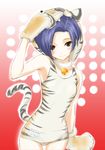  animal_costume animal_print armpits bare_shoulders blush costume kobayakawa_rinko kuuyuu love_plus one-piece_swimsuit paws smile solo swimsuit tail tiger_costume tiger_paws tiger_print tiger_tail 