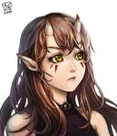  bad_id bad_pixiv_id brown_hair close-up copyright_request demon_girl facepaint facial_mark horns lieqi_hun lips lipstick long_hair makeup oni pointy_ears simple_background sleeveless solo yellow_eyes 