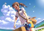  :d aoi_sora_(pairan) bad_id bad_pixiv_id bag bangs bangs_pinned_back basket bicycle bicycle_basket bird blouse blue_sky bottle brown_eyes brown_hair cloud day face fisheye floating_hair grass ground_vehicle guard_rail hair_tie horizon looking_away ocean open_mouth original outdoors pairan pocari_sweat riding round_teeth satchel seagull short_twintails shorts shoulder_bag sky smile solo sparkle sunlight teeth twintails water_bottle white_blouse wristband 