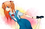  blue_eyes long_hair neon_genesis_evangelion no_socks non-web_source orange_hair putting_on_shoes ribbon school_uniform shanghai_man shoes simple_background skirt solo souryuu_asuka_langley two_side_up watch wristwatch 