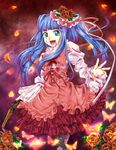  antique_firearm blood blue_eyes blue_hair bow bug butterfly corset dress firearm firelock flower frills furudo_erika gun handgun highres insect izumi_akane long_hair open_mouth petals pink_bow pistol red_flower red_rose rose smile solo twintails umineko_no_naku_koro_ni weapon 