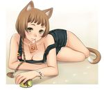  animal_ears blush braid breasts brown_hair cat_ears cat_food cat_tail cleavage downblouse food green_eyes large_breasts legs luna2 mole mole_on_breast mouth_hold original overalls side_braid smile solo tail 