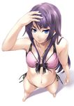  asu_hare bad_id bad_pixiv_id bakemonogatari bare_shoulders barefoot belly bikini blue_eyes bow face foreshortening from_above front-tie_top hands jewelry long_hair looking_at_viewer looking_up monogatari_(series) navel necklace pendant perspective purple_hair senjougahara_hitagi side-tie_bikini solo swimsuit 