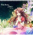  aerith_gainsborough blush bracelet brown_hair character_name dress fang final_fantasy final_fantasy_vii flower green_eyes hair_ornament happy_birthday jewelry kieta long_dress long_hair pink_dress solo very_long_hair 