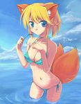  animal_ears bad_id bad_pixiv_id bikini blonde_hair blue_eyes day eyewear_removed fox_ears glasses holding holding_eyewear nanatsuki original short_hair side-tie_bikini solo swimsuit 