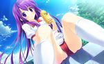  bakemonogatari blue_eyes blush bottle cameltoe day from_below gym_uniform highres hinata_nao kneehighs long_hair looking_down monogatari_(series) panties purple_hair senjougahara_hitagi shorts sitting sky socks solo sweat tree underwear upshorts very_long_hair wallpaper water_bottle white_legwear 