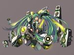  aqua_eyes aqua_hair detached_sleeves hatsune_miku headphones jak long_hair mecha_musume simple_background sitting skirt smile solo speaker thighhighs twintails very_long_hair vocaloid zettai_ryouiki 