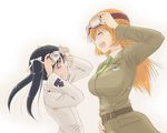  bad_id bad_pixiv_id black_hair blush charlotte_e_yeager francesca_lucchini goggles goggles_on_head grin military military_uniform multiple_girls orange_hair smile strike_witches takahashi_mugi twintails uniform world_witches_series 